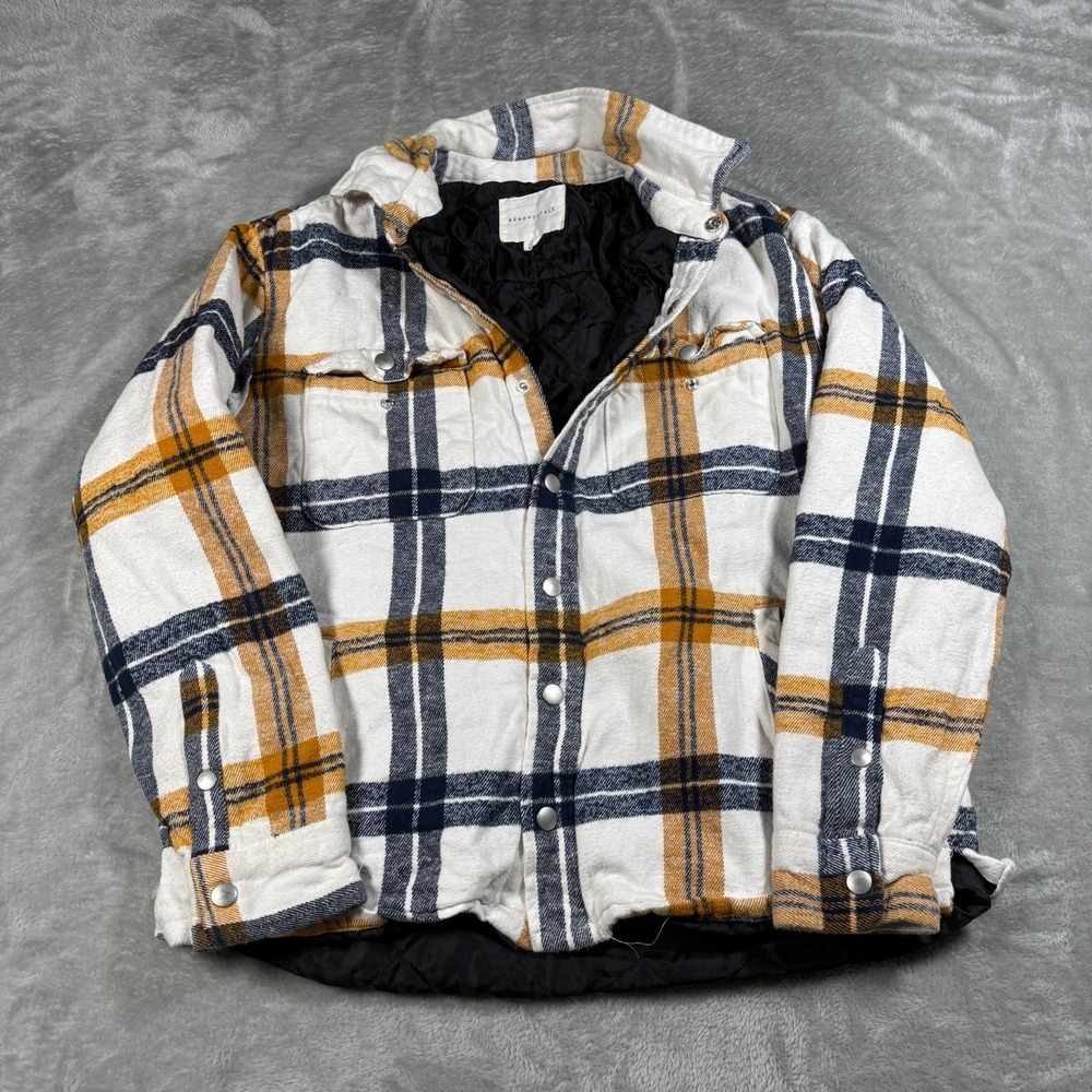 Aeropostale Jacket Mens Medium White‎ Blue Plaid Shacket Lined Flannel Snap